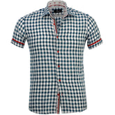 Men's Button down Tailor Fit Soft 100% Cotton Short Sleeve Dress Shirt Blue White Checkered casual And Formal - Amedeo Exclusive